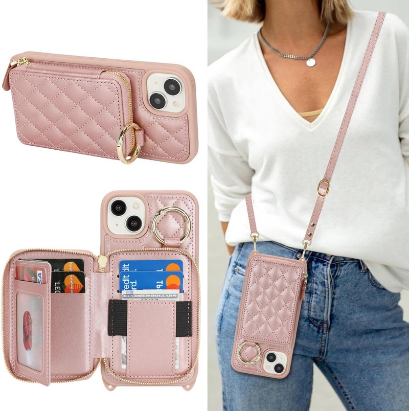 Hamany Crossbody Wallet Case for iPhone 14 Plus, PU Leather Zipper Handbag Purse Flip Cover, Kickstand Folio Case with Card Slots Holder Wrist Strap Lanyard 5G 6.7 Inch-Rose Gold - Image 1